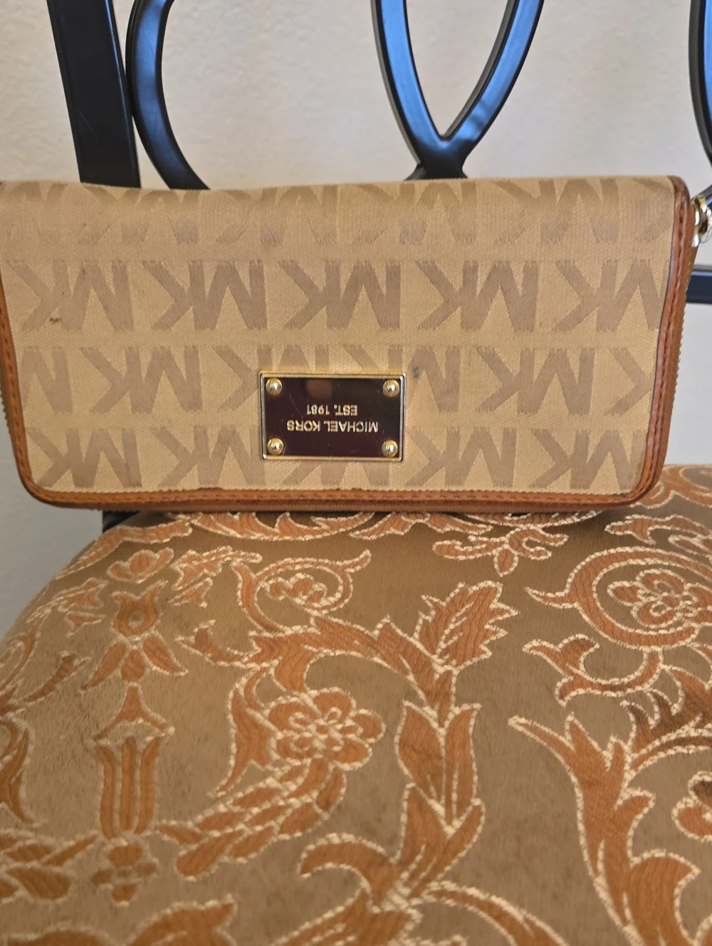 Michael Kors Tan Beige Logo Crossbody Wallet with Gold Plate